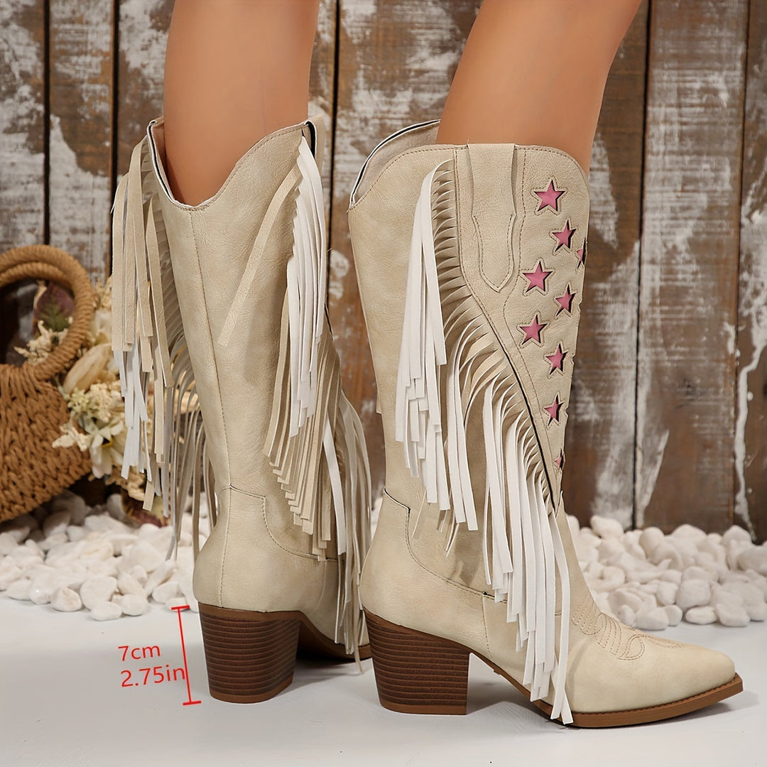 Beverley | Women's Wide Calf Western Fringe Cowboy Boots - Cream - Image 3