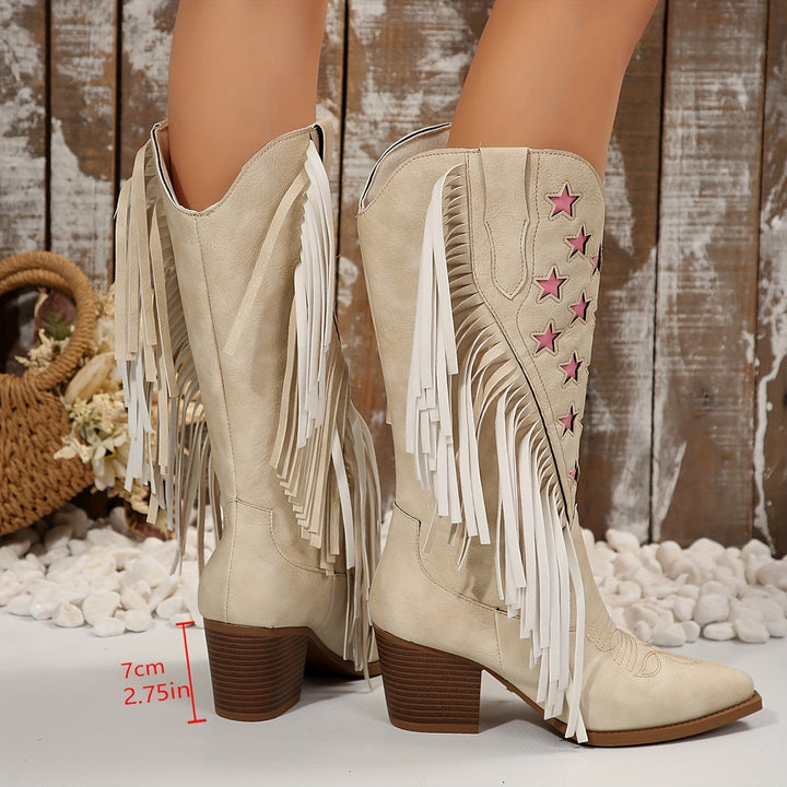 Beverley | Women's Wide Calf Western Fringe Cowboy Boots - Cream - Image 3