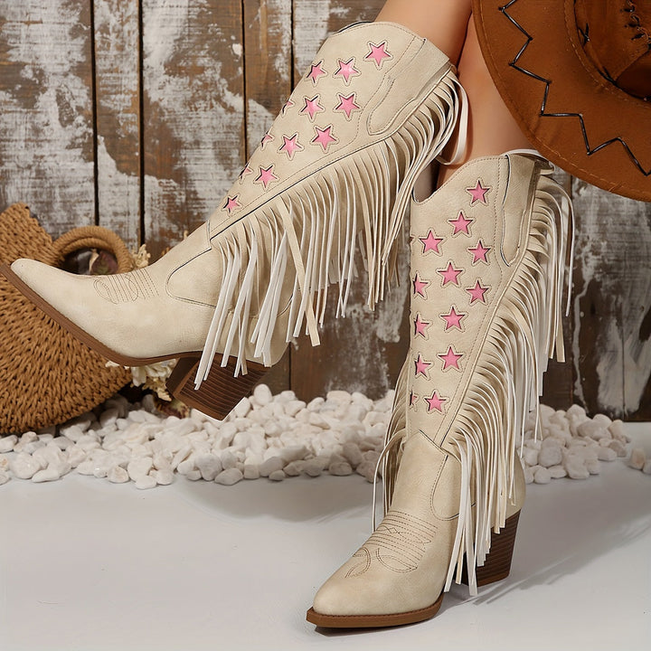 Beverley | Women's Wide Calf Western Fringe Cowboy Boots - Cream - Image 6