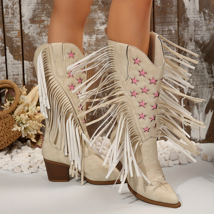Beverley | Women's Wide Calf Western Fringe Cowboy Boots - Cream - Image 8