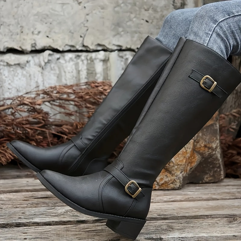Bexley | Women's Knee High Leather-Look Buckle Boots - Black - Image 1