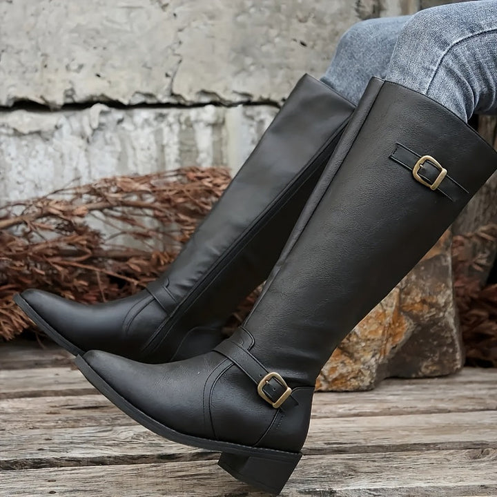 Bexley | Women's Knee High Leather-Look Buckle Boots - Black - Image 1