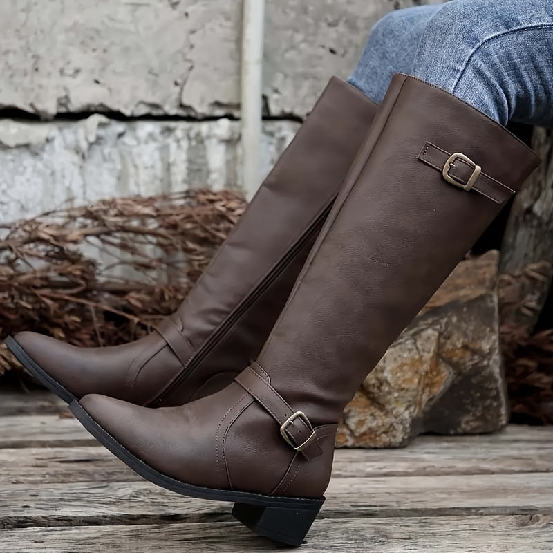 Bexley | Women's Knee High Leather-Look Buckle Boots - Black - Image 2
