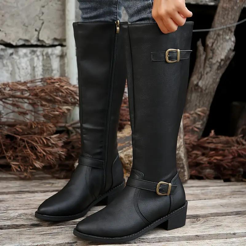Bexley | Women's Knee High Leather-Look Buckle Boots - Black - Image 3