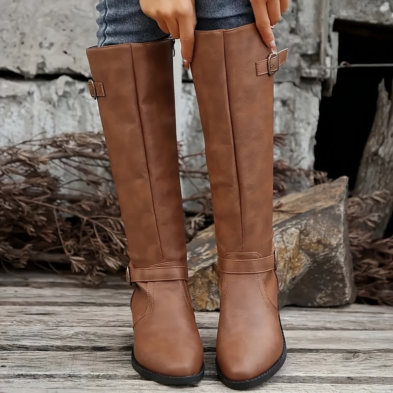 Bexley | Women's Knee High Leather-Look Buckle Boots - Black - Image 5