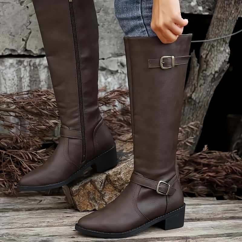 Bexley | Women's Knee High Leather-Look Buckle Boots - Black - Image 6