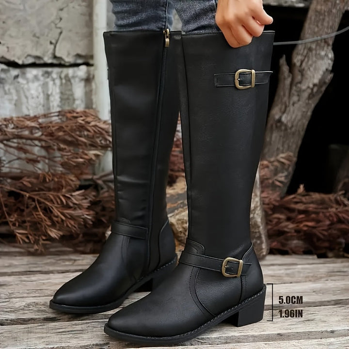 Bexley | Women's Knee High Leather-Look Buckle Boots - Black - Image 7