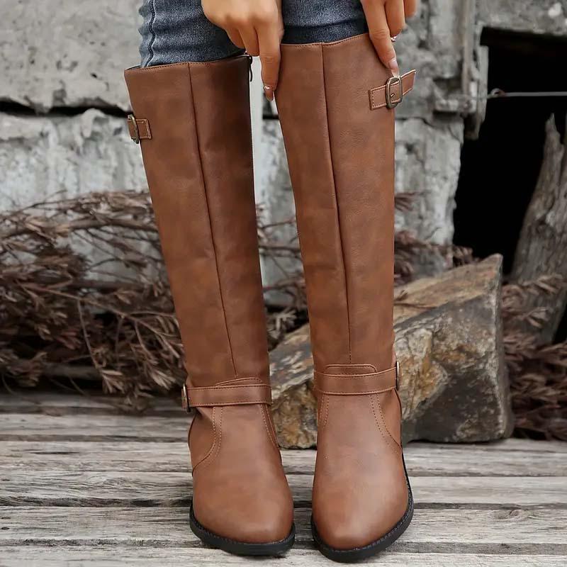 Bexley | Women's Knee High Leather-Look Buckle Boots - Black - Image 9