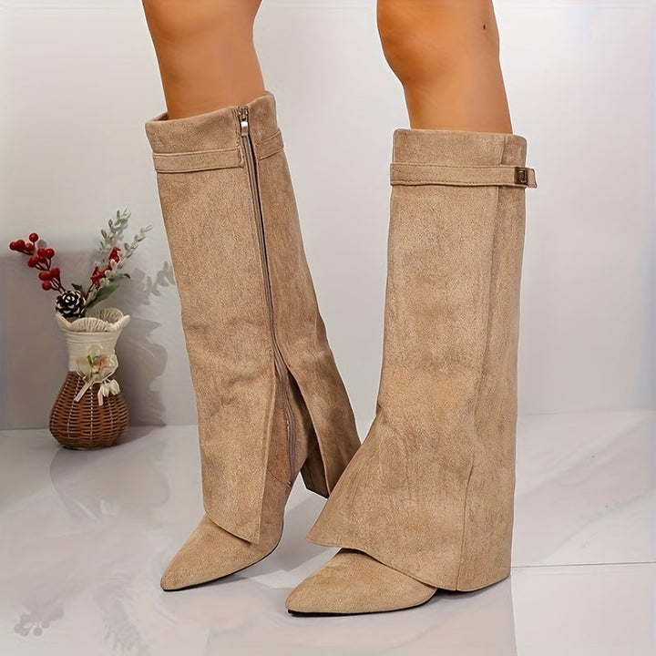 Bexley | Women's Knee High Suede-Look Block Heel Boots - Beige - Image 2