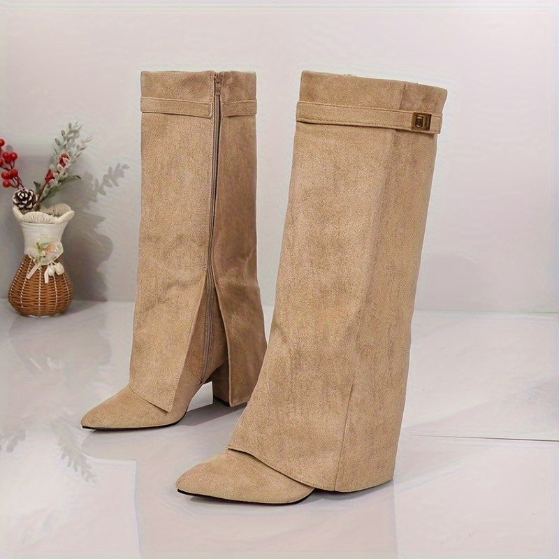 Bexley | Women's Knee High Suede-Look Block Heel Boots - Beige - Image 4