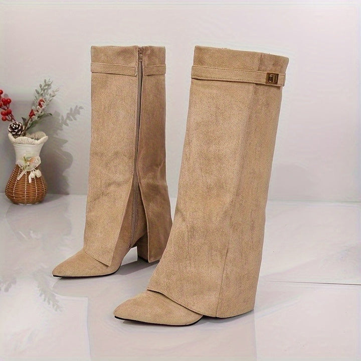 Bexley | Women's Knee High Suede-Look Block Heel Boots - Beige - Image 4