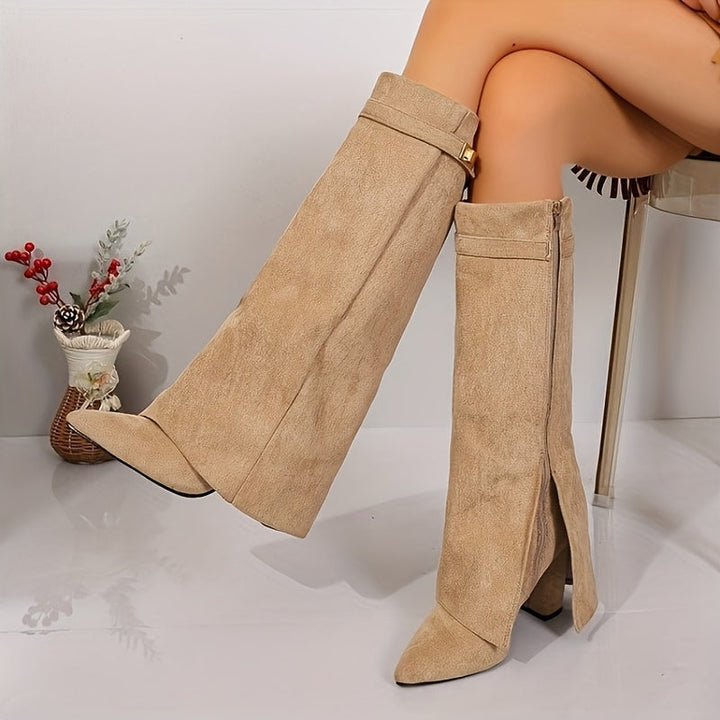 Bexley | Women's Knee High Suede-Look Block Heel Boots - Beige - Image 6