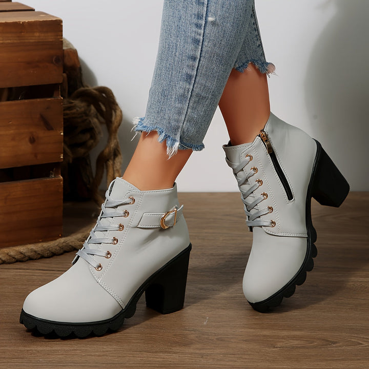 Bexley | Women's Lace-Up Block Heel Ankle Boot - Light Grey - Image 1