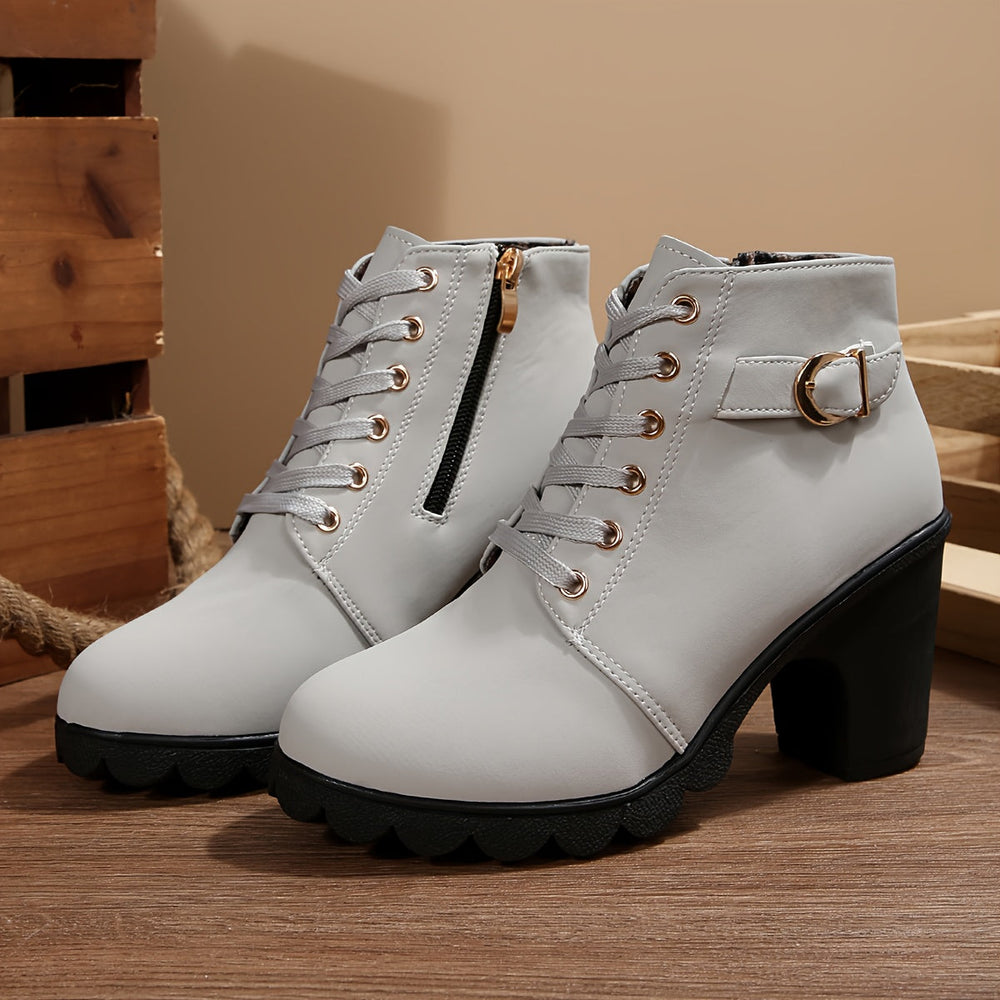 Bexley | Women's Lace-Up Block Heel Ankle Boot - Light Grey - Image 2