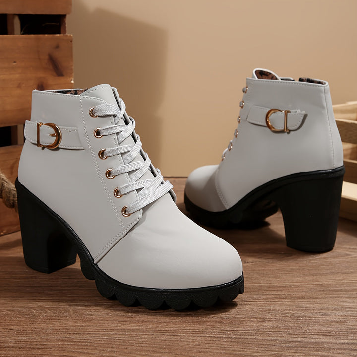 Bexley | Women's Lace-Up Block Heel Ankle Boot - Light Grey - Image 4