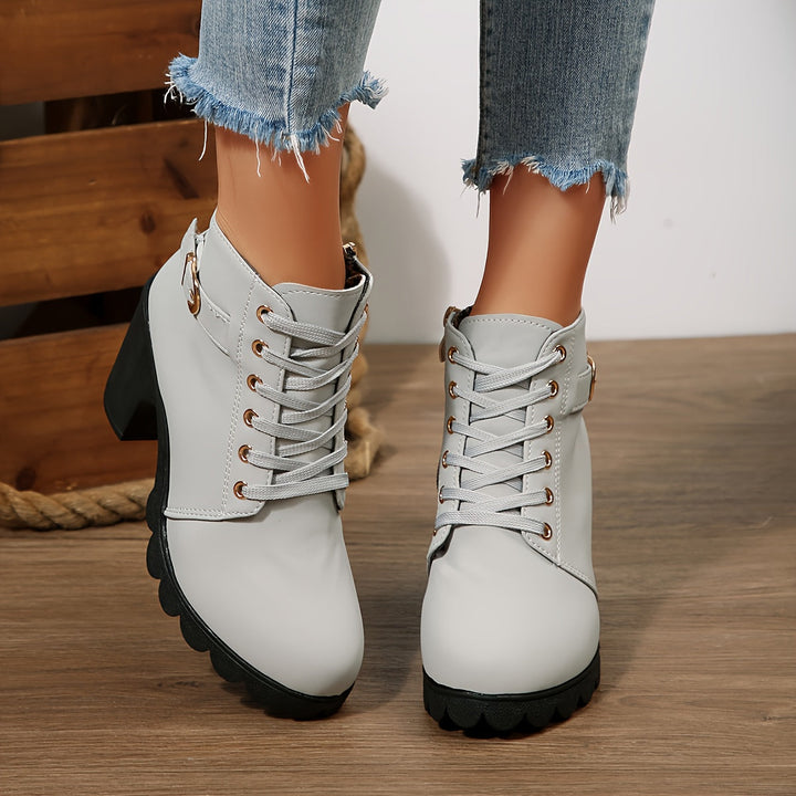 Bexley | Women's Lace-Up Block Heel Ankle Boot - Light Grey - Image 5