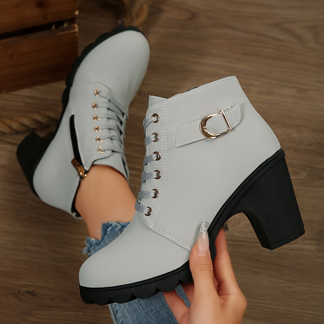 Bexley | Women's Lace-Up Block Heel Ankle Boot - Light Grey - Image 6