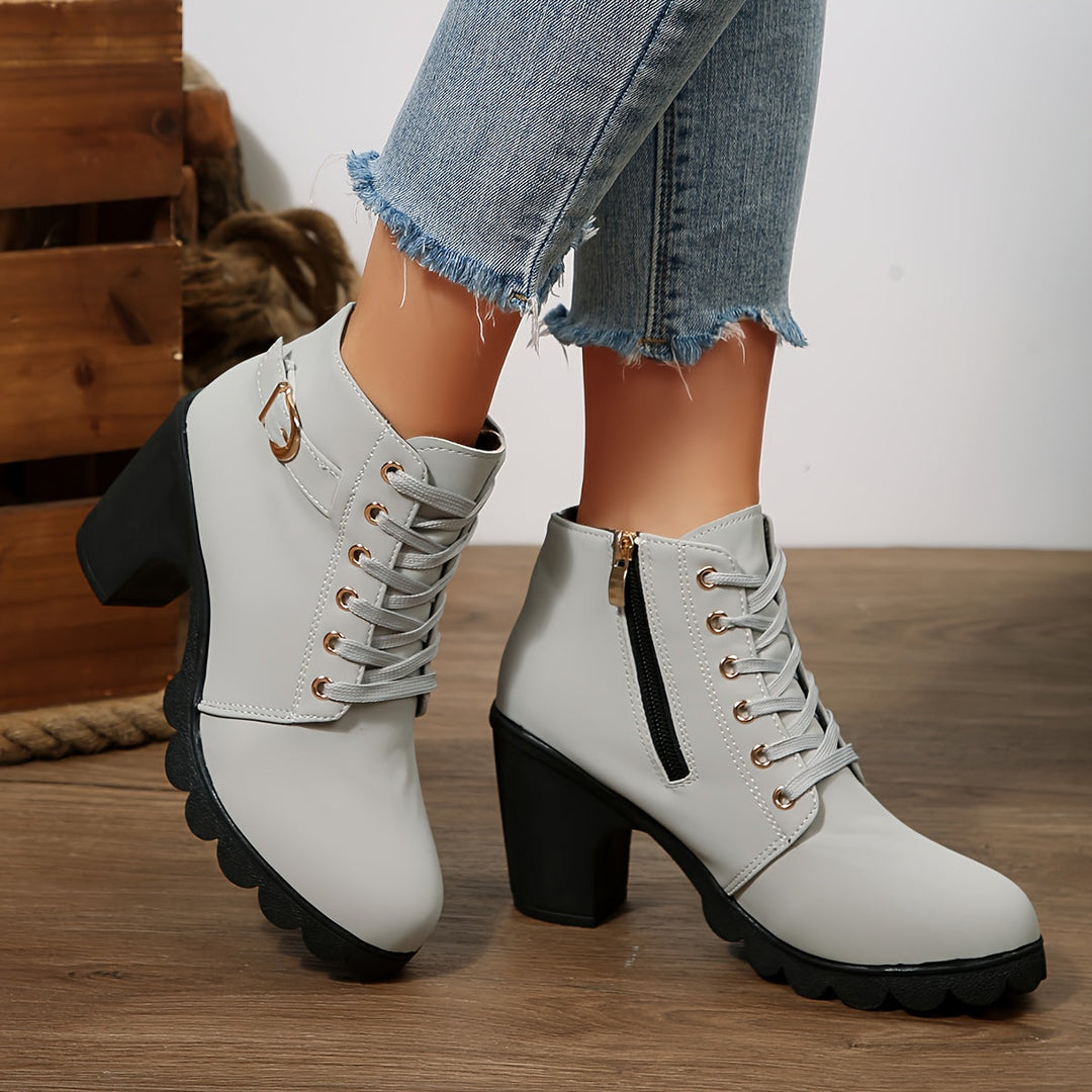Bexley | Women's Lace-Up Block Heel Ankle Boot - Light Grey - Image 7