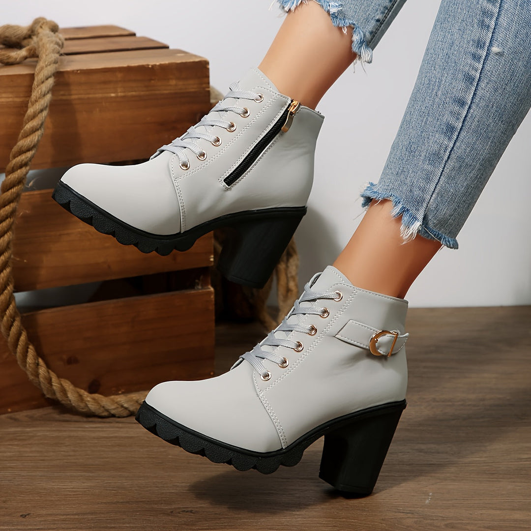 Bexley | Women's Lace-Up Block Heel Ankle Boot - Light Grey - Image 8
