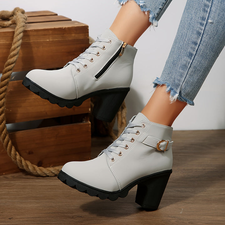 Bexley | Women's Lace-Up Block Heel Ankle Boot - Light Grey - Image 8