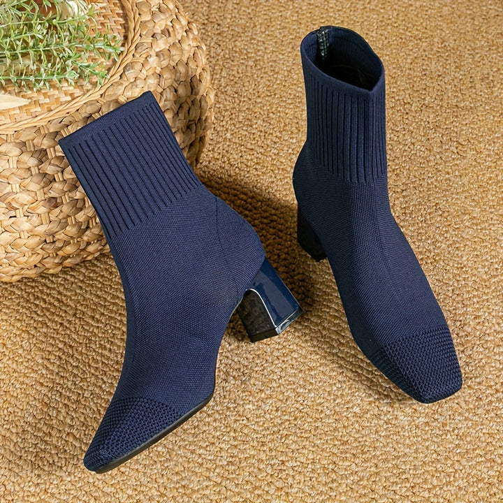 Blythe | Women's Knit Ankle Boot with Block Heel - Navy - Image 1