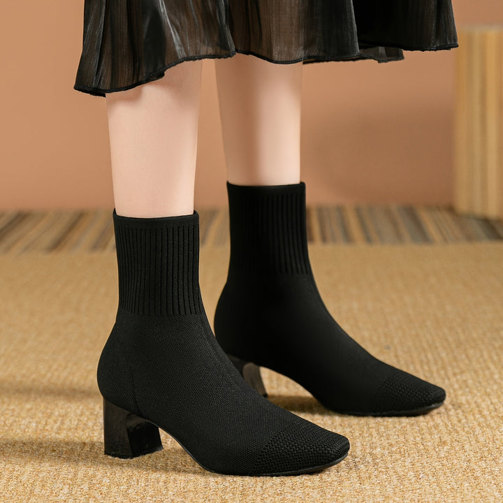 Blythe | Women's Knit Ankle Boot with Block Heel - Navy - Image 4