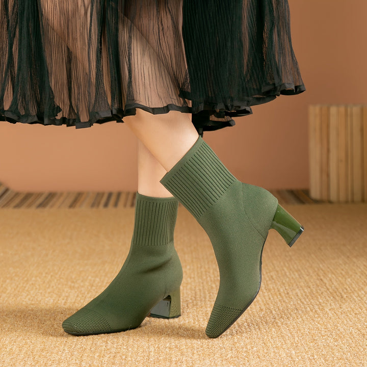 Blythe | Women's Knit Ankle Boot with Block Heel - Navy - Image 7