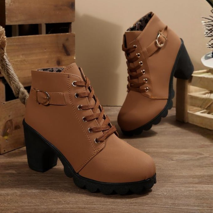 Blythe | Women's Lace-Up Block Heel Ankle Boots - Camel - Image 1