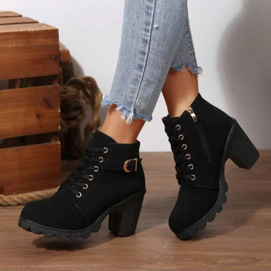 Blythe | Women's Lace-Up Block Heel Ankle Boots - Camel - Image 3
