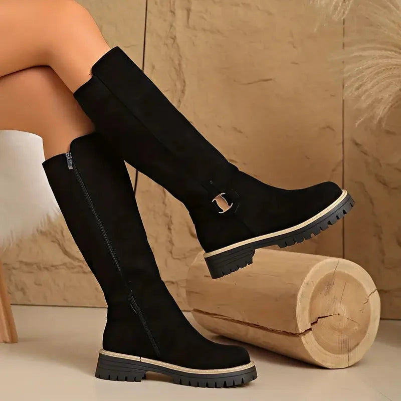 Brecken | Women's Knee High Boots with Buckle Detail - Black - Image 1