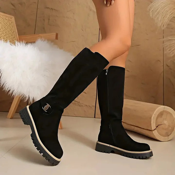 Brecken | Women's Knee High Boots with Buckle Detail - Black - Image 4