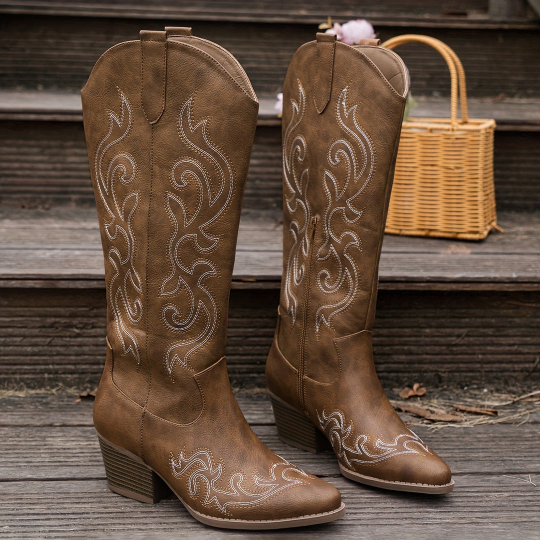 Brecken | Women's Wide Calf Western Cowboy Boots - Brown - Image 19