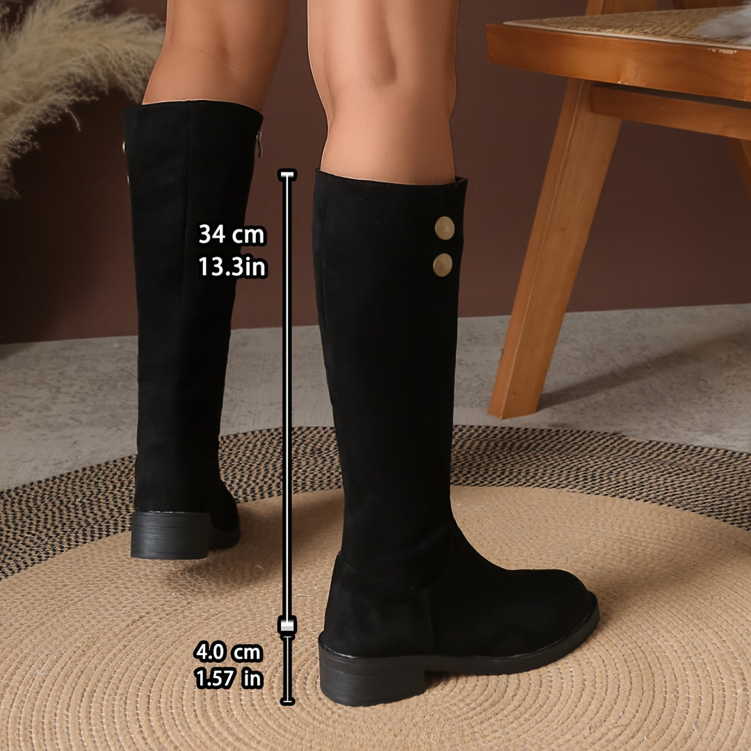 Brenley | Women's Knee High Boots with Gold Button Detail - Black - Image 12