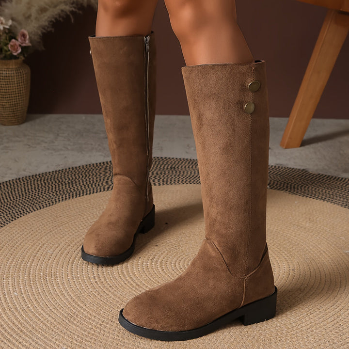 Brenley | Women's Knee High Boots with Gold Button Detail - Black - Image 9