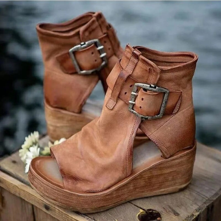 Brenley | Women's Wedge Ankle Boot Open Toe Buckle - Camel - Image 1