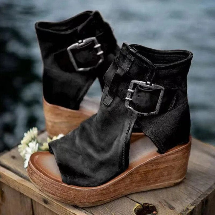 Brenley | Women's Wedge Ankle Boot Open Toe Buckle - Camel - Image 2