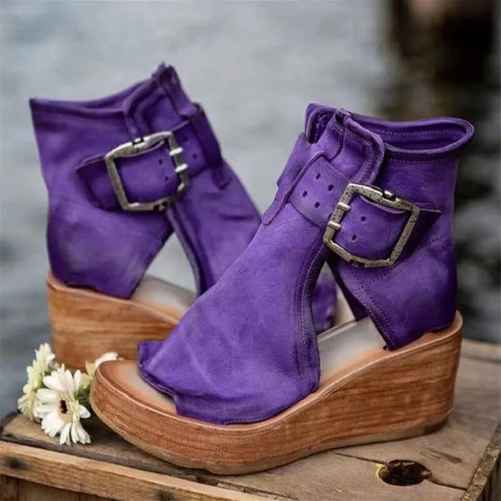 Brenley | Women's Wedge Ankle Boot Open Toe Buckle - Camel - Image 3