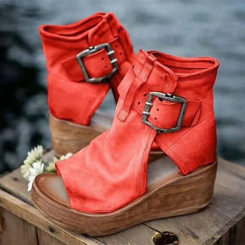 Brenley | Women's Wedge Ankle Boot Open Toe Buckle - Camel - Image 4