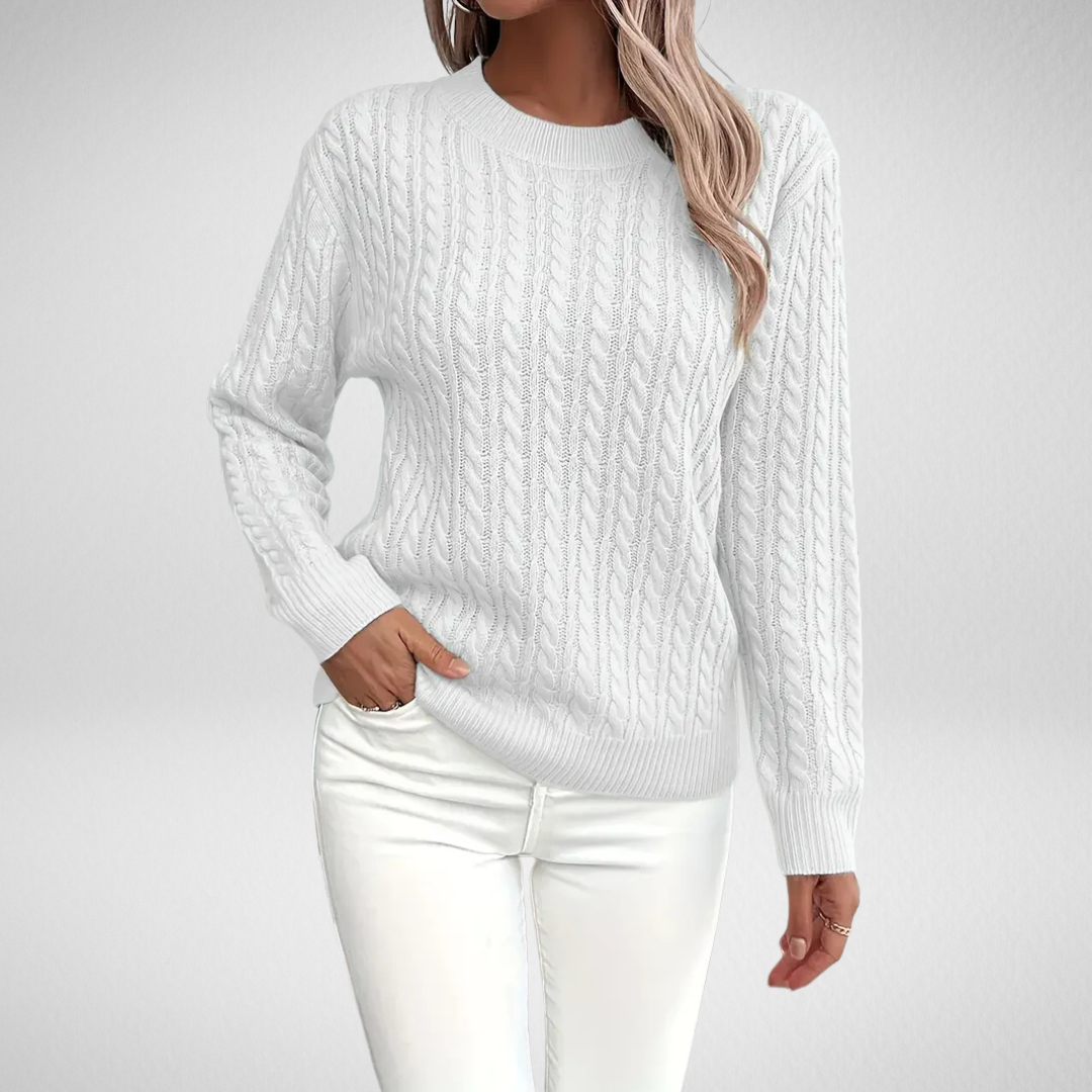 Brenna | Women's Cable Knit Crew Neck Sweater - White - Image 1