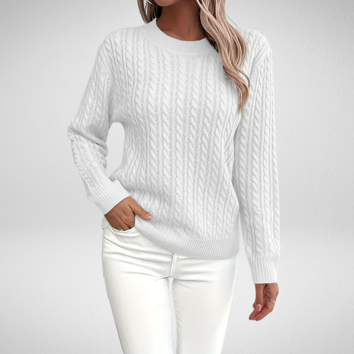 Brenna | Women's Cable Knit Crew Neck Sweater - White - Image 1