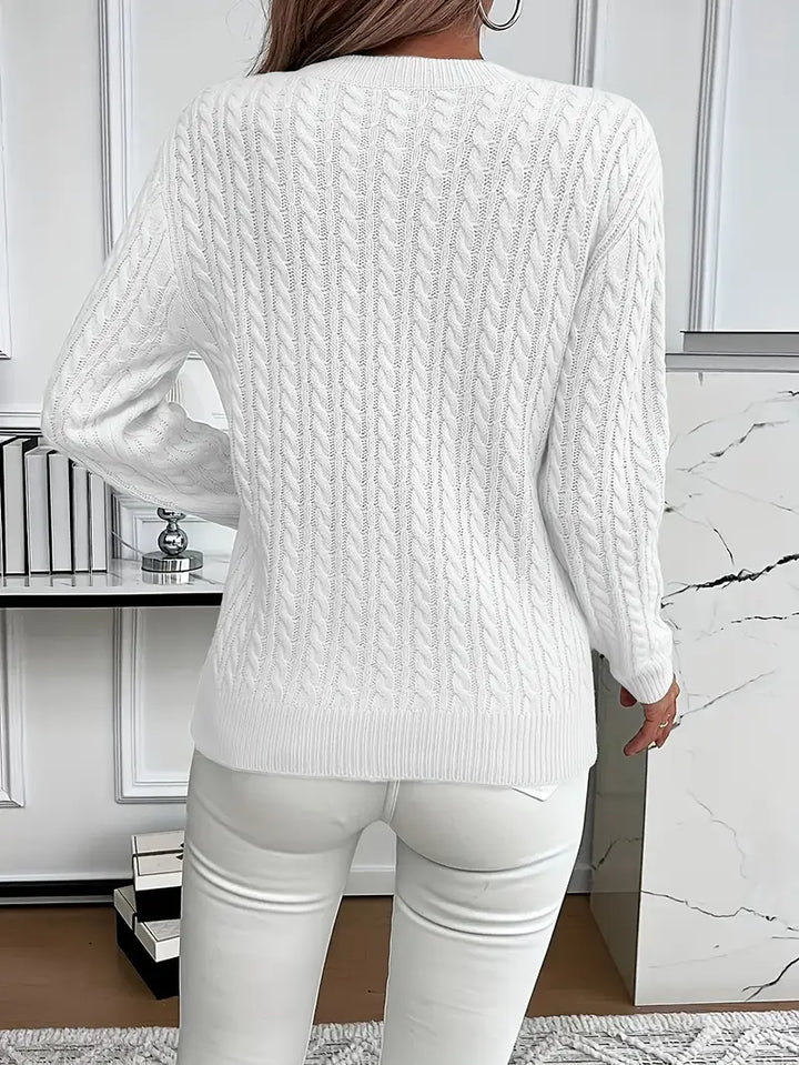 Brenna | Women's Cable Knit Crew Neck Sweater - White - Image 11