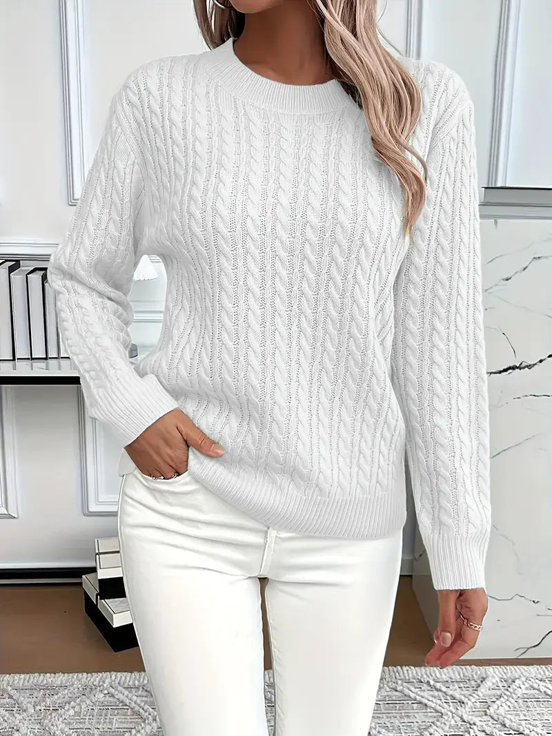 Brenna | Women's Cable Knit Crew Neck Sweater - White - Image 2