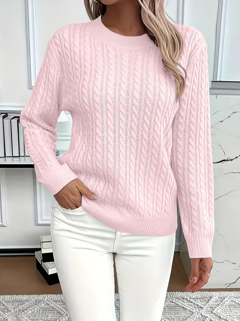 Brenna | Women's Cable Knit Crew Neck Sweater - White - Image 3