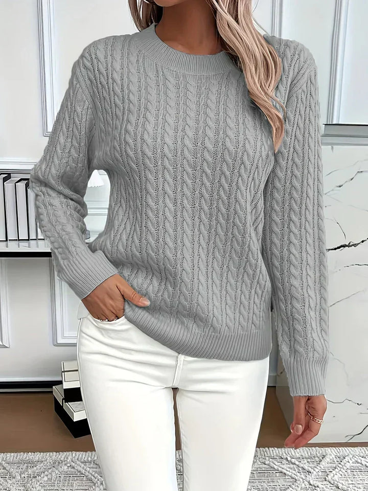 Brenna | Women's Cable Knit Crew Neck Sweater - White - Image 4