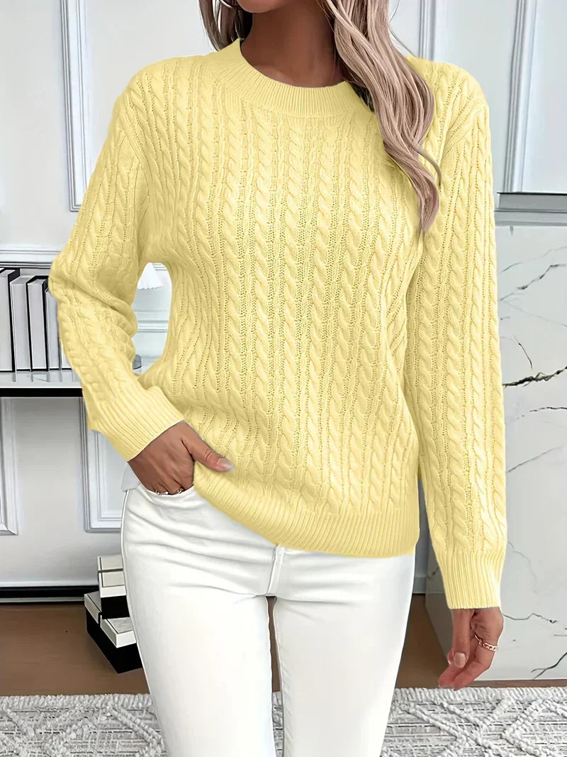 Brenna | Women's Cable Knit Crew Neck Sweater - White - Image 5