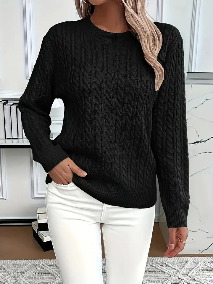Brenna | Women's Cable Knit Crew Neck Sweater - White - Image 7