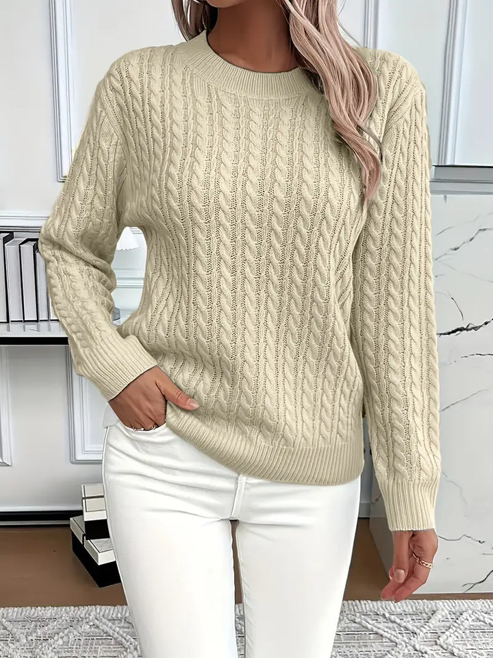 Brenna | Women's Cable Knit Crew Neck Sweater - White - Image 9