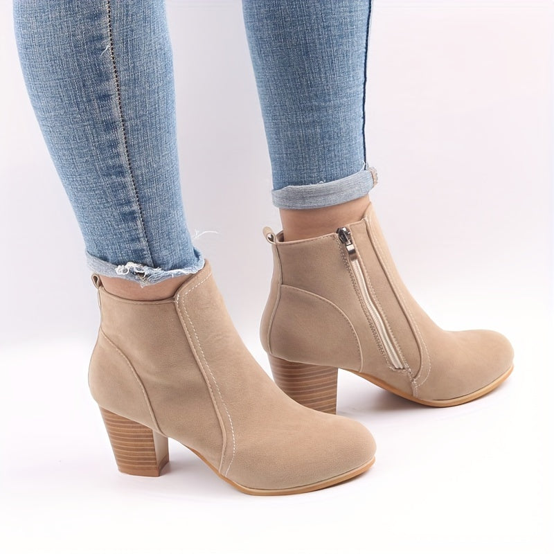 Briella | Women's Ankle Boots with Block Heel & Side Zip - Beige - Image 1