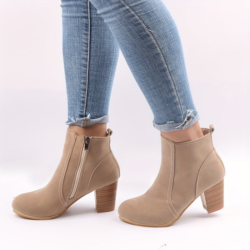 Briella | Women's Ankle Boots with Block Heel & Side Zip - Beige - Image 2