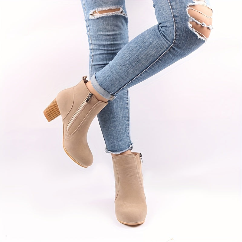 Briella | Women's Ankle Boots with Block Heel & Side Zip - Beige - Image 5